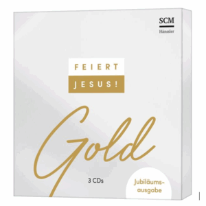 Goldene Schriftzüge „Gold“, „FEIERT JESUS!“ und „Jubiläums-ausgabe“ prägen das weiße.