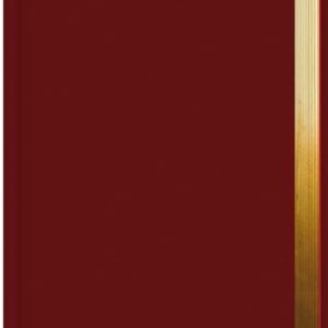 Ein dunkelrotes Buch mit goldenem Streifen liegt flach, zwei rote Bänder markieren Seiten.