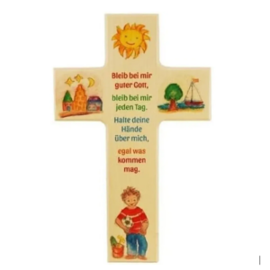 Ein kindliches Bild zeigt Kreuz, Sonne, Gebet, Burg, Boot und Jungen mit Blume und Ball.