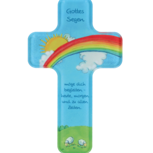 Ein kindgerechtes Kreuz zeigt Regenbogen, Sonne, Schafe und den Wunsch nach Gottes Segen für immer.