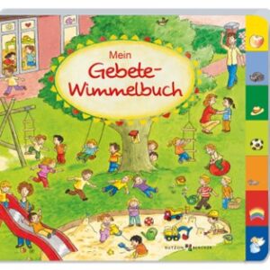 Das Kinderbuch "Mein Gebete-Wimmelbuch" zeigt spielende Kinder auf einem farbenfrohen Spielplatz.