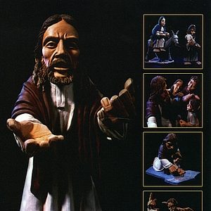 Das Plakat bewirbt eine Ausstellung über das Leben Jesu, dargestellt durch Tonfiguren.