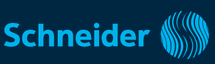 Das Schneider Electric Logo zeigt einen blauen Schriftzug und ein abstraktes, hellblaues.