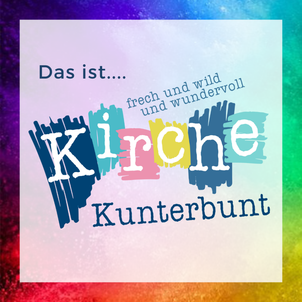 Ein farbiger Hintergrund präsentiert das Wort „Kirche“ verspielt und betont ihre Vielfalt.