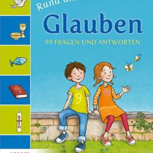 Das Buchcover zeigt Kinder vor blauem Hintergrund mit religiösen Symbolen und Schmetterlingen.